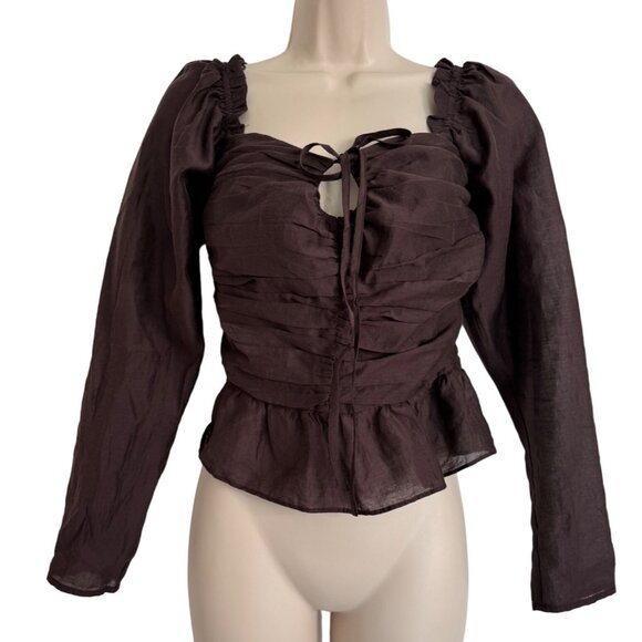 Wayf Cropped Brown Blouse Rushed Lined bodice Size Medium Long Sleeve NWT - Picture 3 of 11